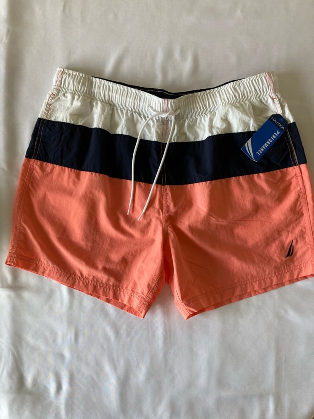 Nautica Men’s SWIM TRUNKS Coral, Navy & White, inner Lining, pockets XLg NWT